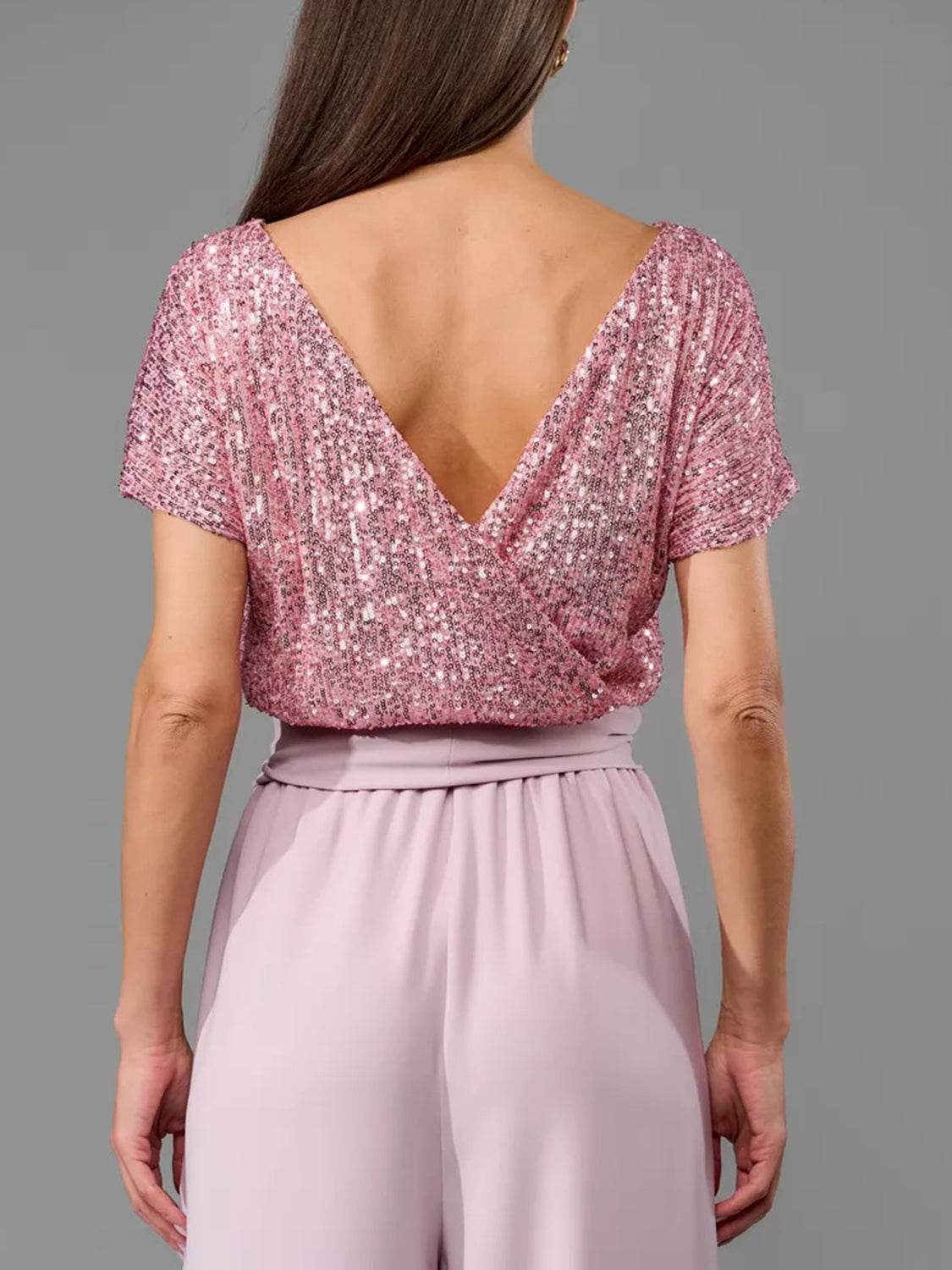 Full Size Sequin Round Neck Short Sleeve Wide Leg Jumpsuit - Selvanelle