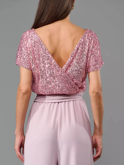 Full Size Sequin Round Neck Short Sleeve Wide Leg Jumpsuit - Selvanelle