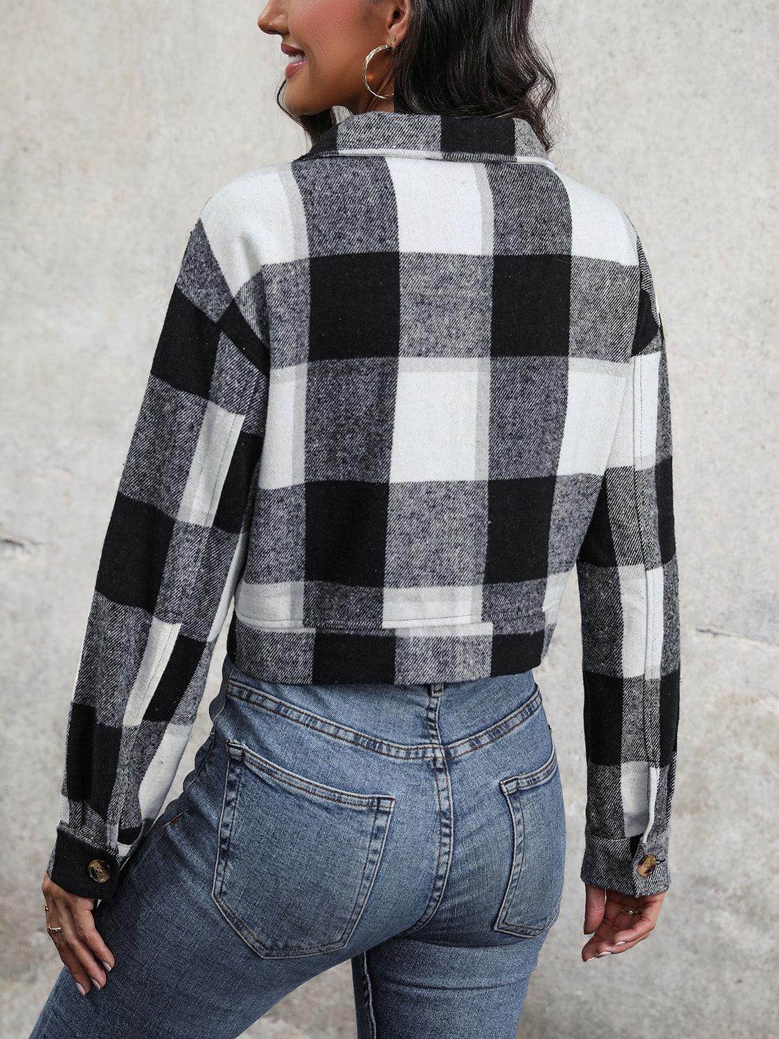 Perfee Plaid Button Up Drop Shoulder Cropped Jacket for Women - Selvanelle