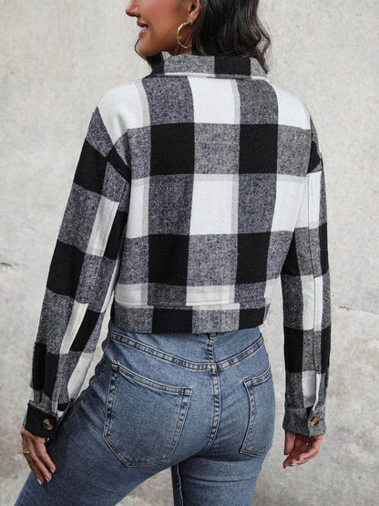 Perfee Plaid Button Up Drop Shoulder Cropped Jacket for Women - Selvanelle