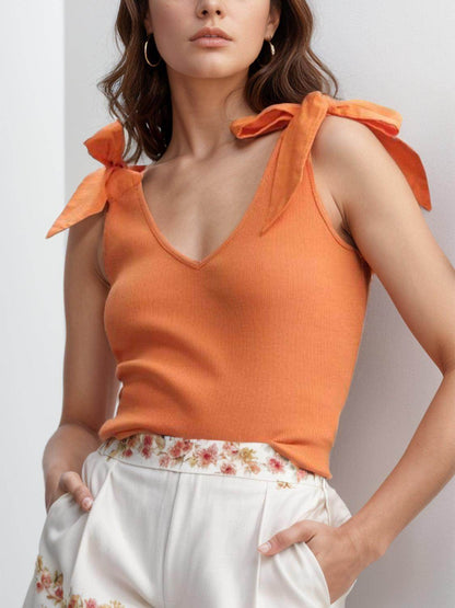 V-Neck Tie Shoulder Tank Top for Women with Stretch Fabric - Selvanelle
