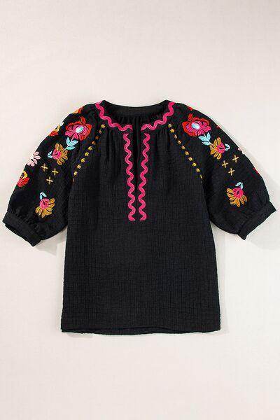 Floral Embroidered Notched Puff Sleeve Blouse for Women - Selvanelle