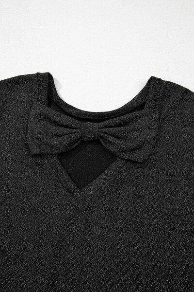 Bow Back Round Neck Short Sleeve Blouse for Women - Selvanelle