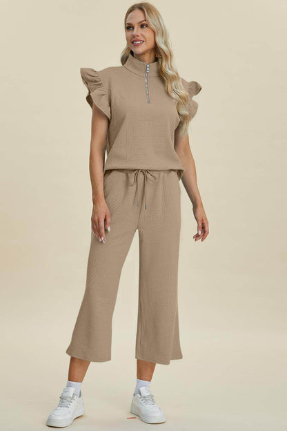 Double Take Full Size Texture Ruffle Top and Pants Set - Selvanelle