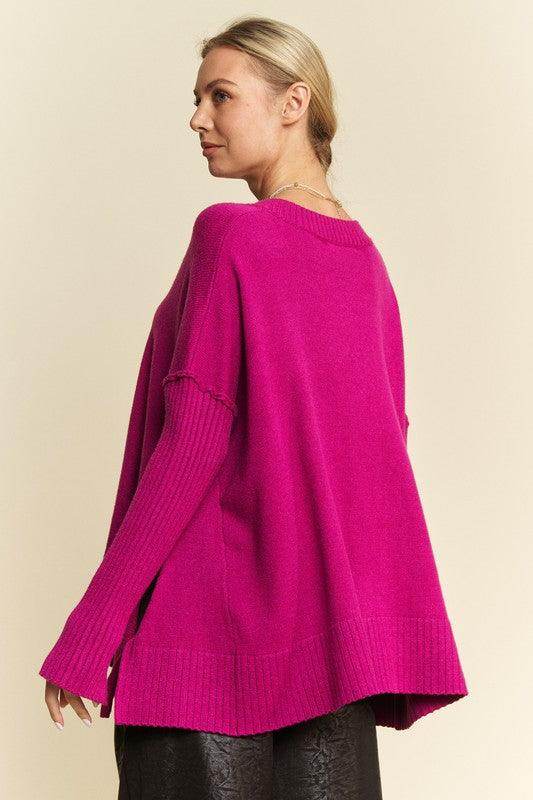 Davi & Dani Ribbed Side Slit V-Neck Sweater for Women - Selvanelle