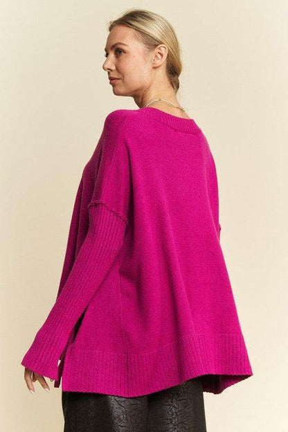 Davi & Dani Ribbed Side Slit V-Neck Sweater for Women - Selvanelle