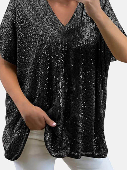 Full Size Sequin V-Neck Short Sleeve Top for Women - Selvanelle