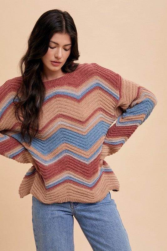 Annie Wear Multi Color Zig-Zag Round Neck Sweater for Women - Selvanelle