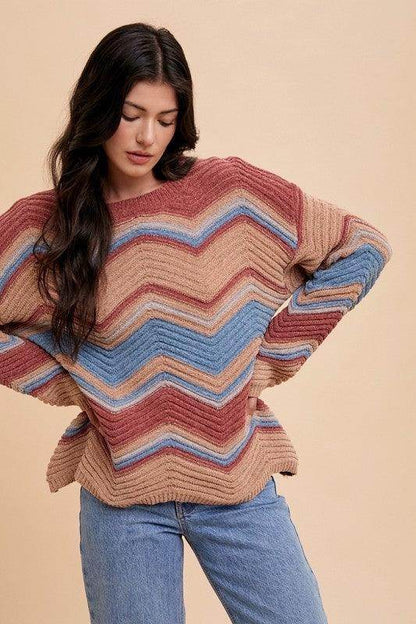 Annie Wear Multi Color Zig-Zag Round Neck Sweater for Women - Selvanelle