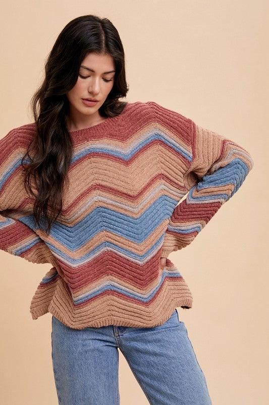 Annie Wear Multi Color Zig-Zag Round Neck Sweater for Women