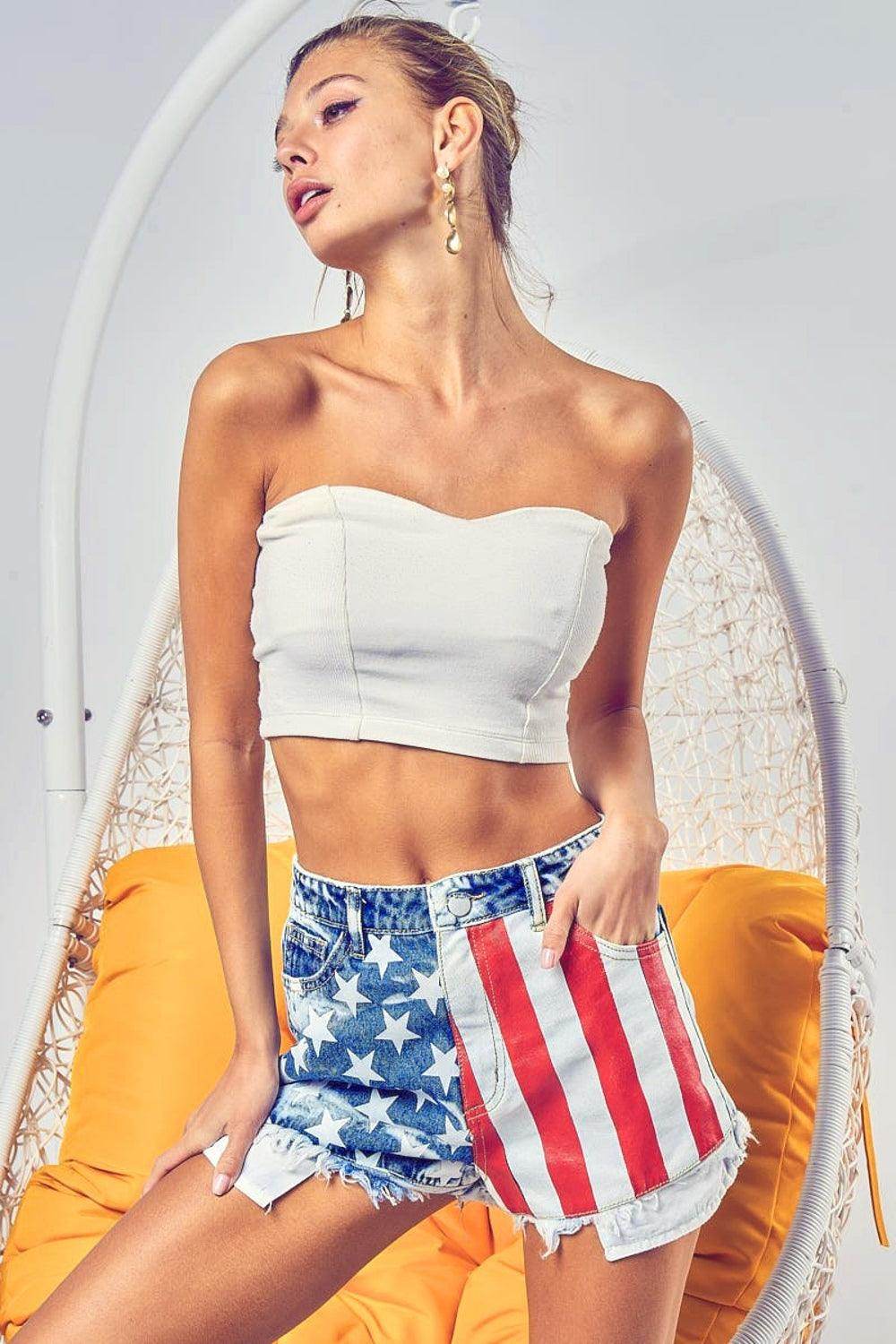 BiBi US Flag Theme Bleached Denim Shorts for Summer Style - Selvanelle