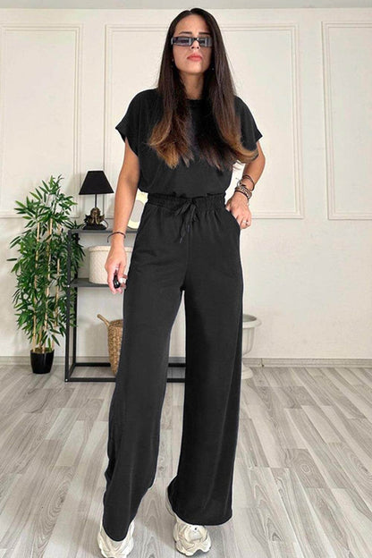 Round Neck Short Sleeve Top and Drawstring Pants Set for Women - Selvanelle