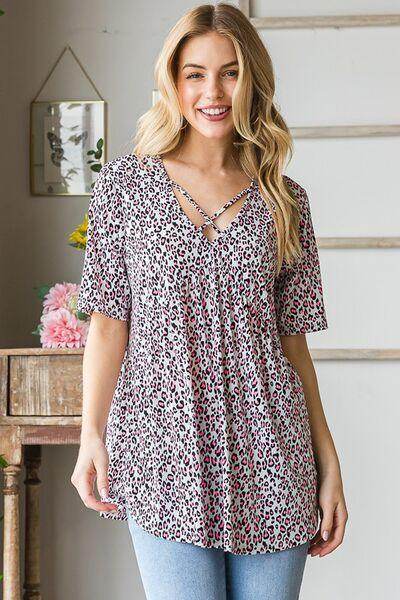 Heimish Full Size Short Sleeve Crisscross Animal Babydoll Top Plus Size - Selvanelle