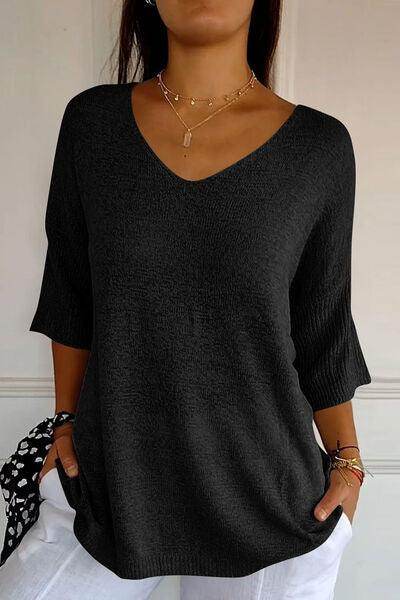 V-Neck Three-Quarter Sleeve Knit Top for Women Casual Wear - Selvanelle