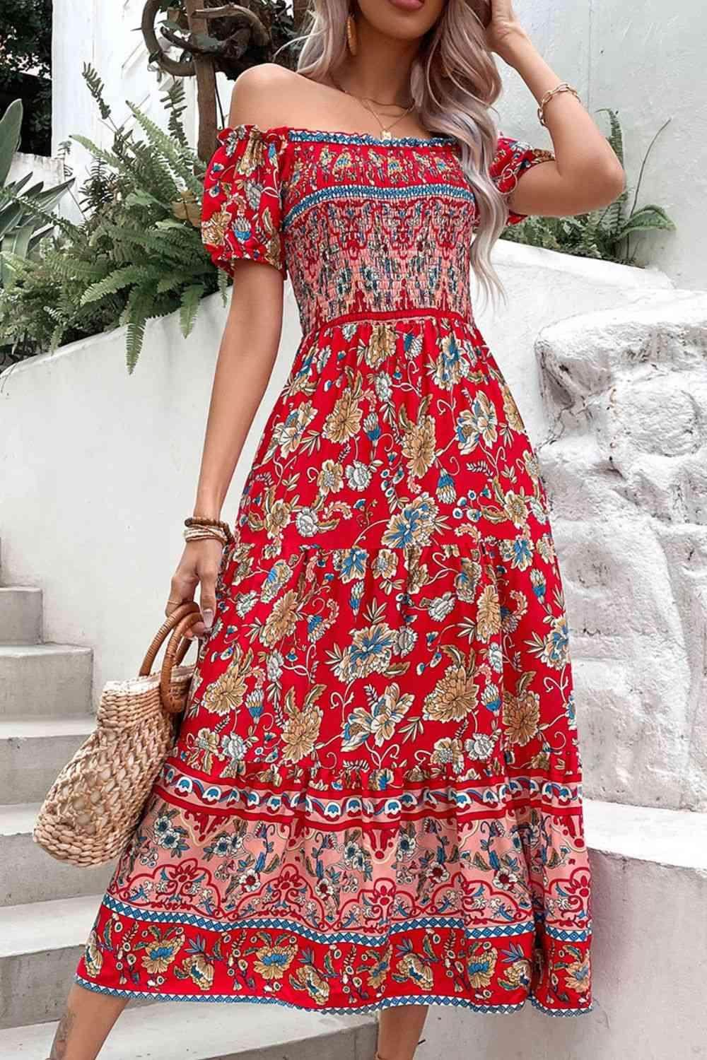 Perfee Floral Off-Shoulder Smocked Midi Dress for Women - Selvanelle
