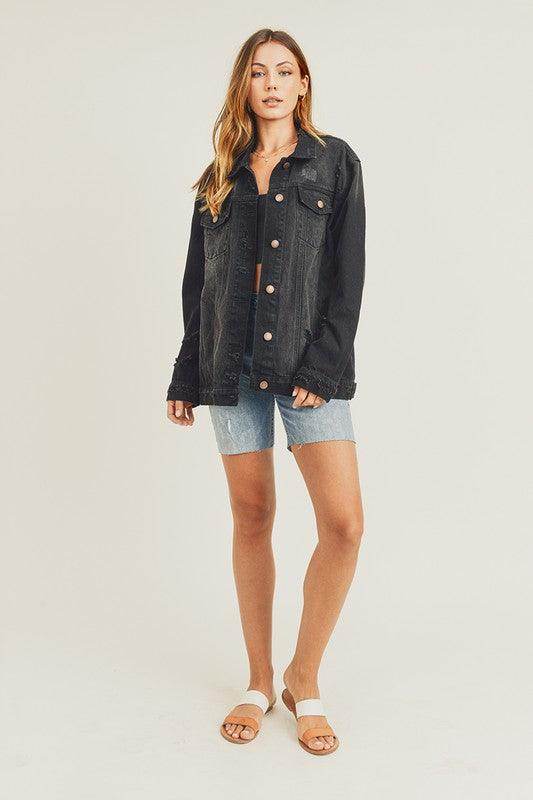 RISEN Full Size Distressed Long Sleeve Denim Jacket for Women - Selvanelle