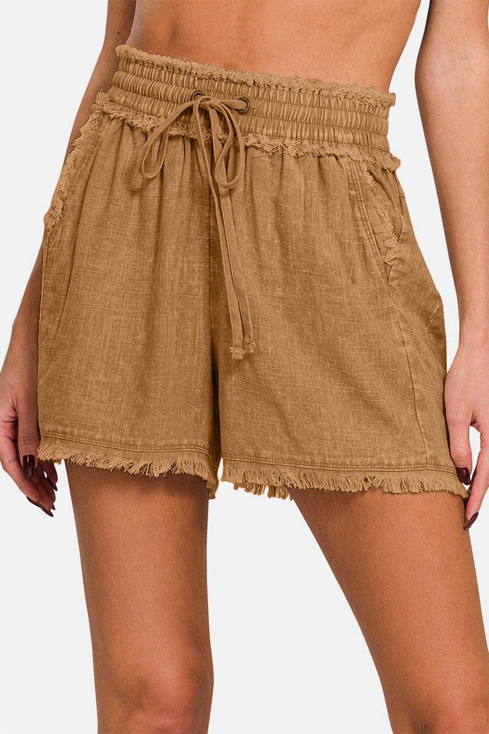 Zenana Washed Linen Frayed Hem Drawstring Shorts for Summer - Selvanelle