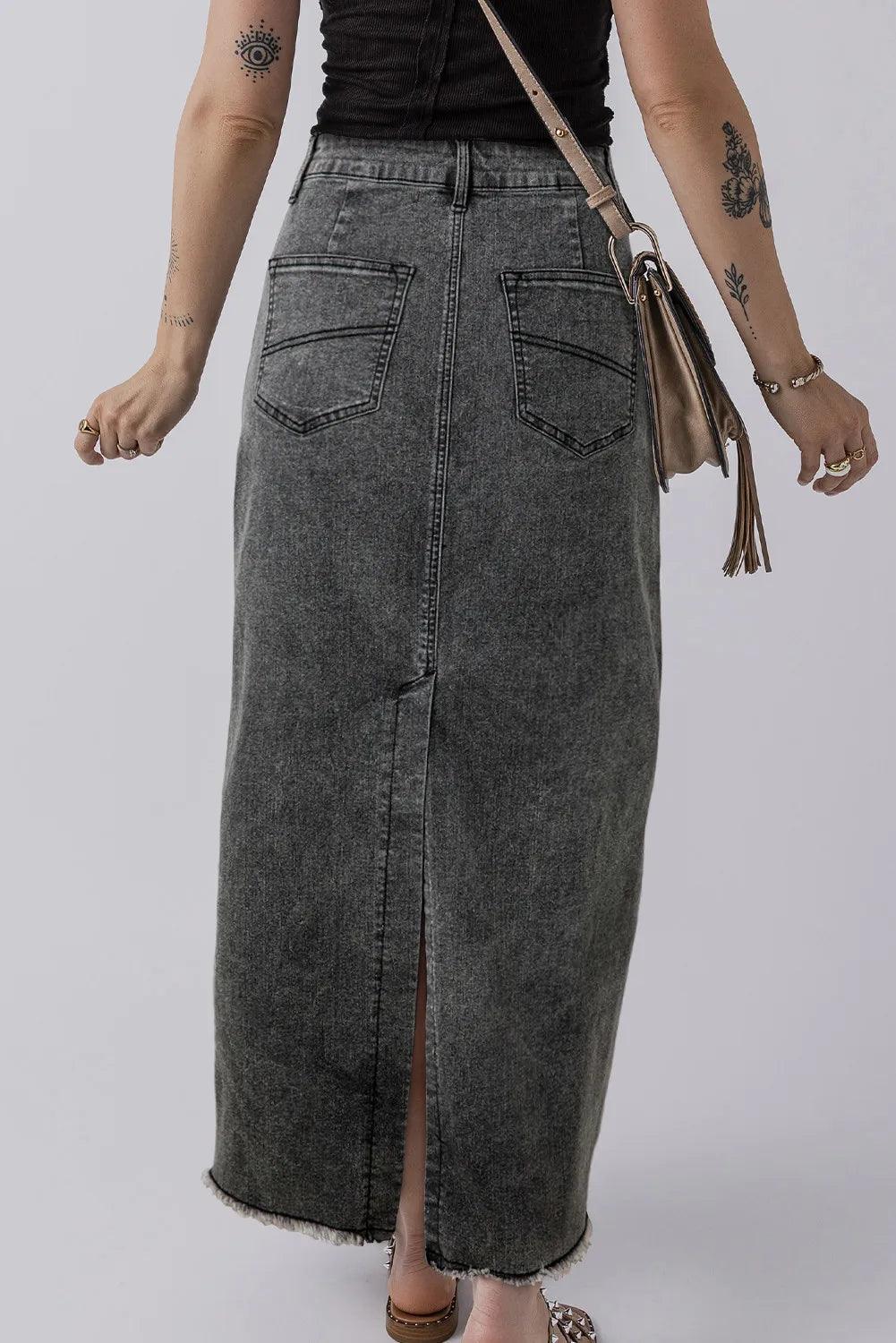 Raw Hem Midi Denim Skirt with Pockets for Women