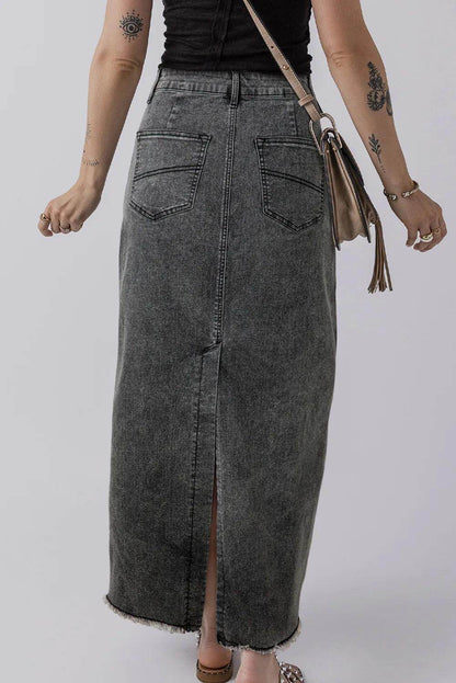 Raw Hem Midi Denim Skirt with Pockets for Women - Selvanelle