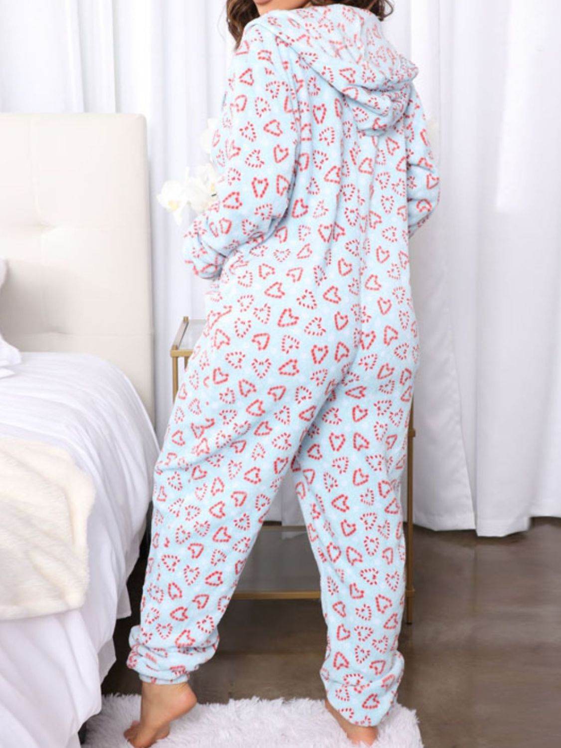 Printed Zip Up Long Sleeve Hooded Lounge Jumpsuit - Selvanelle