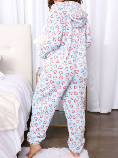 Printed Zip Up Long Sleeve Hooded Lounge Jumpsuit - Selvanelle