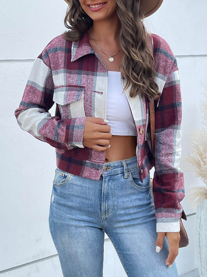 Perfee Plaid Button Up Drop Shoulder Cropped Jacket for Women - Selvanelle