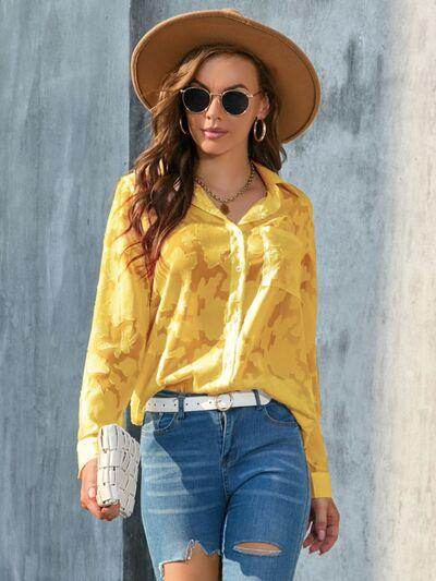 Full Size Collared Neck Long Sleeve Shirt Plus Size Women - Selvanelle