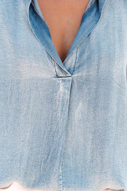 Notched Short Sleeve Denim Top for Casual Summer Style - Selvanelle