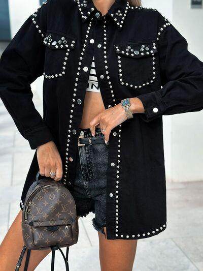 Studded Snap Down Long Sleeve Denim Shacket for Women - Selvanelle