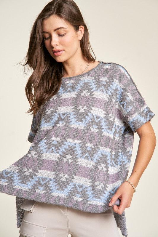 Davi & Dani High-Low Geometric Round Neck Knit Top for Women