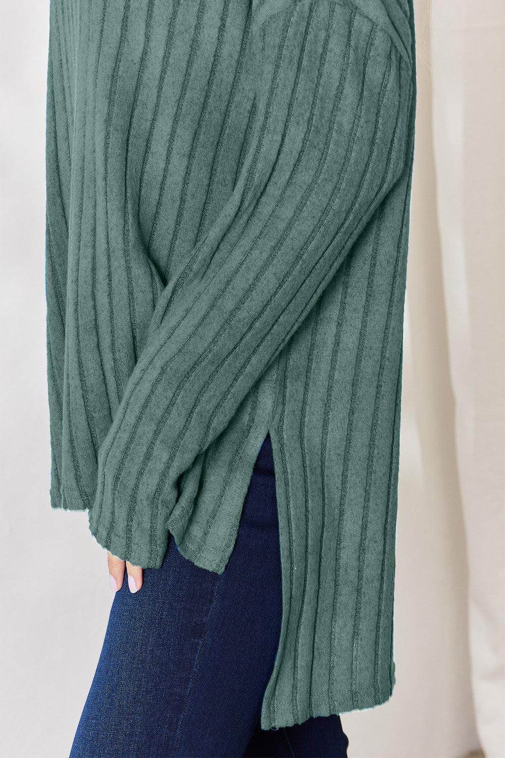 Basic Bae Full Size Ribbed Half Button Long Sleeve T-Shirt - Selvanelle