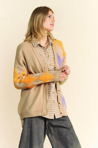 Davi & Dani Argyle V-Neck Dropped Shoulder Cardigan Style - Selvanelle