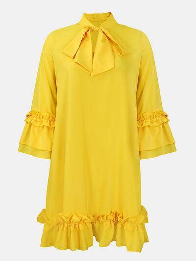 Frill Tie Neck Three-Quarter Sleeve Dress for Women - Selvanelle