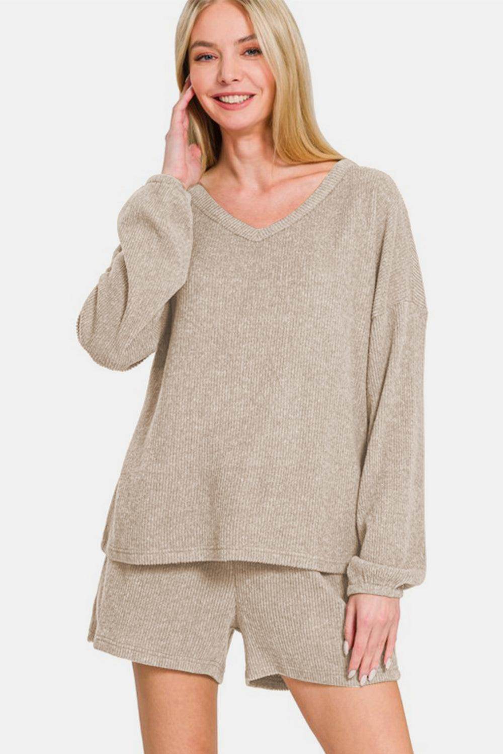 Zenana V-Neck Long Sleeve Ribbed Top and Shorts Set Outfit - Selvanelle
