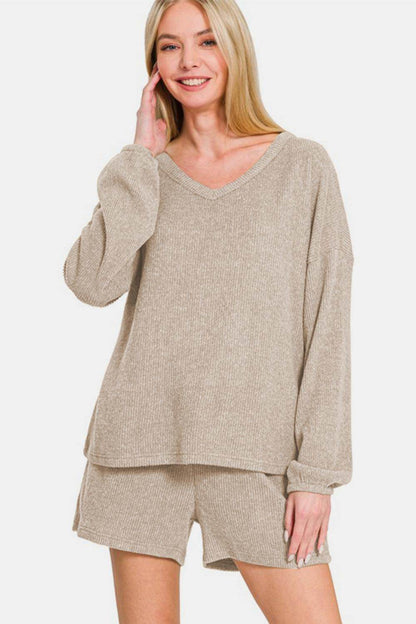 Zenana V-Neck Long Sleeve Ribbed Top and Shorts Set Outfit - Selvanelle