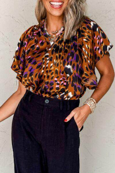 Leopard Notched Short Sleeve Blouse for Stylish Women - Selvanelle