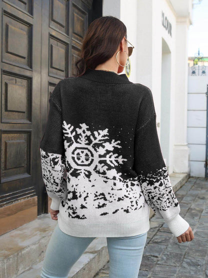 Snowflake Pattern Mock Neck Sweater for Cozy Winter Style - Selvanelle