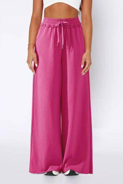 High Waist Wide Leg Pants with Pockets and Frill Detail - Selvanelle