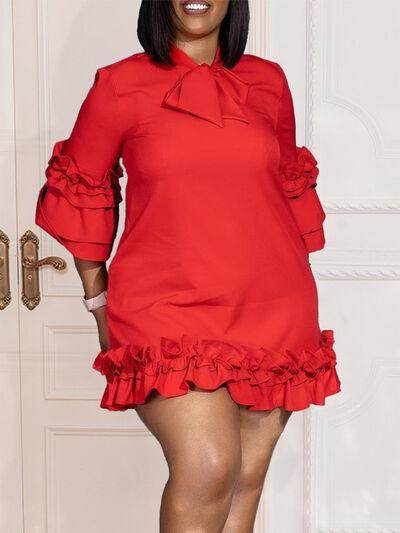 Frill Tie Neck Three-Quarter Sleeve Dress for Women - Selvanelle