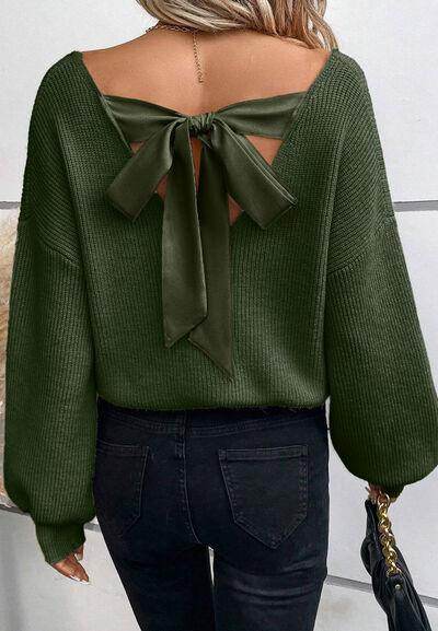 Tied Back V-Neck Long Sleeve Sweater for Women Fashion - Selvanelle