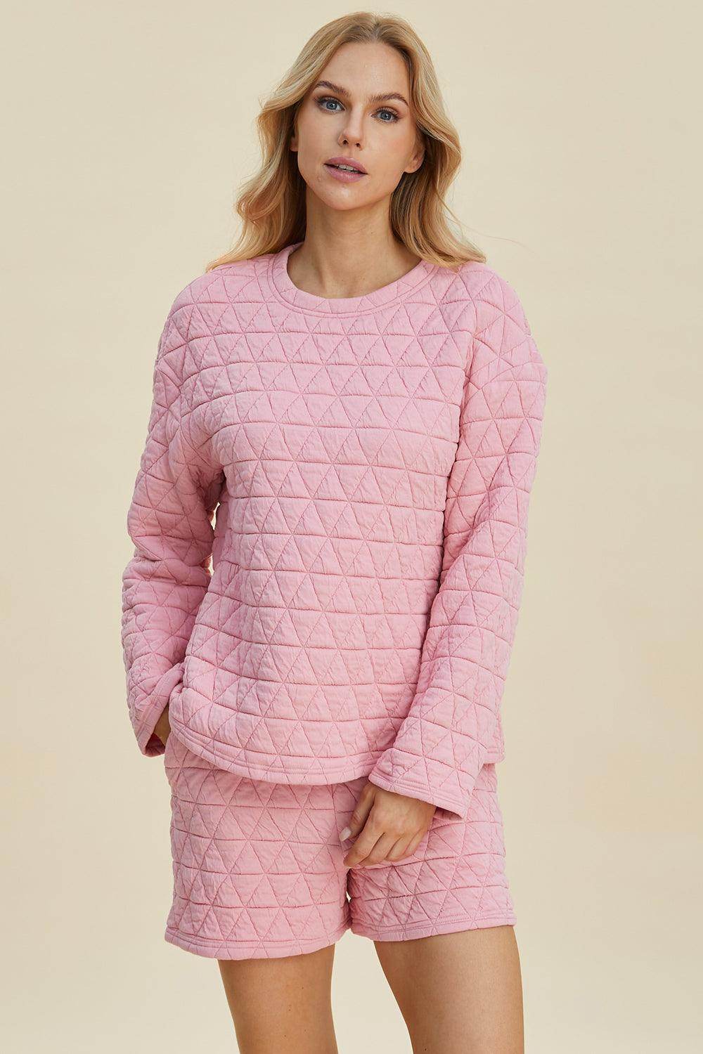 Double Take Full Size Texture Round Neck Long Sleeve Top and Shorts Set for Women - Selvanelle