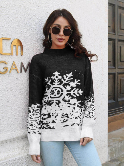 Snowflake Pattern Mock Neck Sweater for Cozy Winter Style - Selvanelle