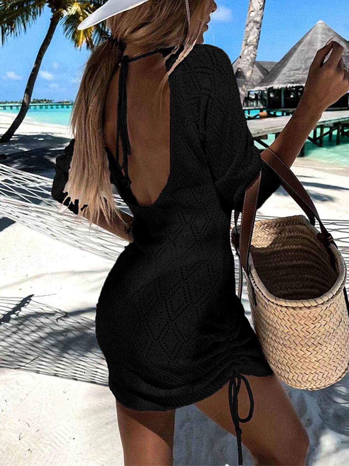 Backless Openwork Drawstring Round Neck Cover Up - Selvanelle
