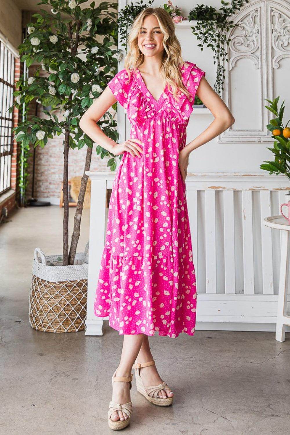 Reborn J Printed V-Neck Ruffle Trim Tiered Midi Dress - Selvanelle