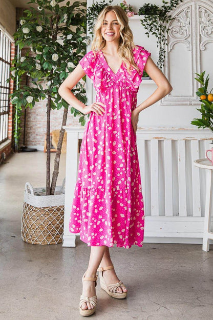 Reborn J Printed V-Neck Ruffle Trim Tiered Midi Dress - Selvanelle