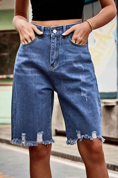 Raw Hem High Waist Denim Shorts with Pockets for Women - Selvanelle