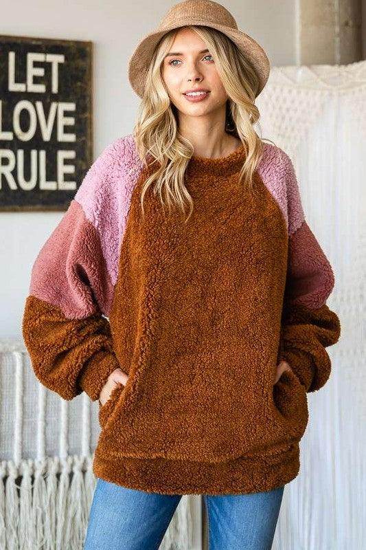 Culture Code Color Block Faux Fur Raglan Sleeve Sweatshirt - Selvanelle