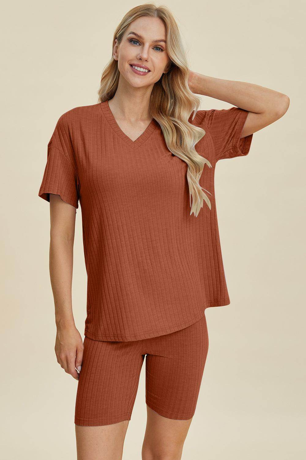 Basic Bae Full Size Ribbed V-Neck Top and Shorts Set For Women - Selvanelle