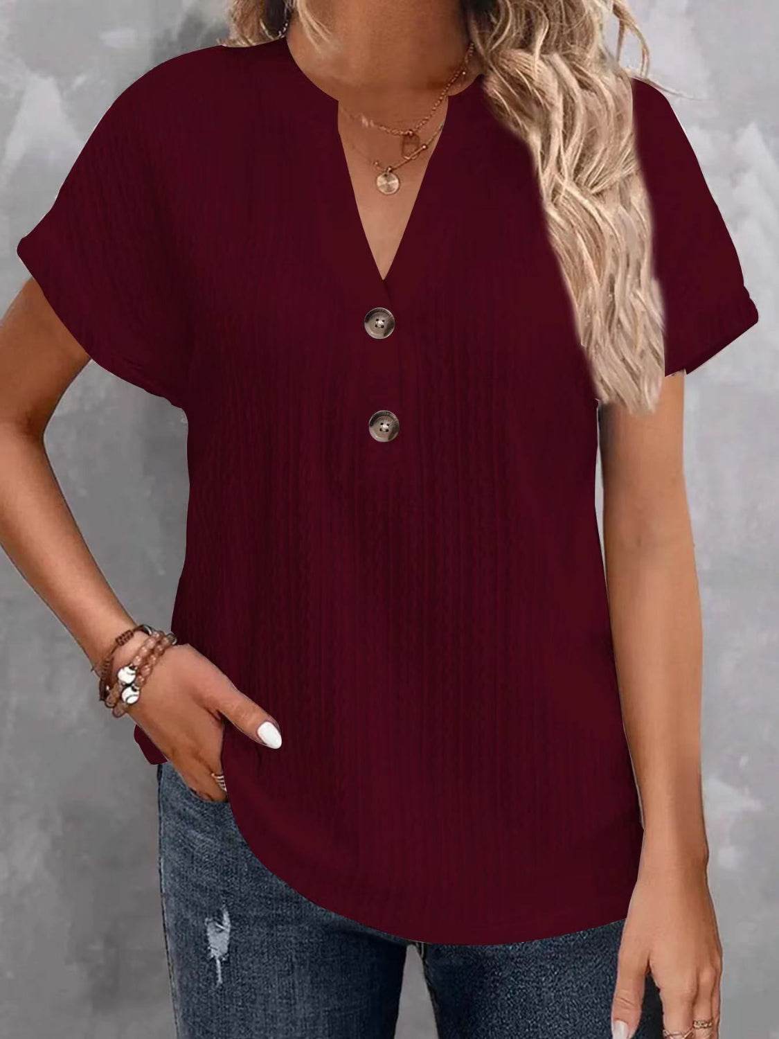Textured Notched Short Sleeve Top - Selvanelle