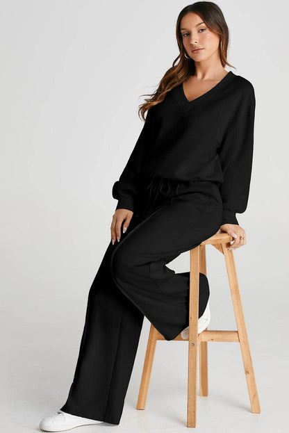 V-Neck Long Sleeve Top and Pants Active Set for Women - Selvanelle